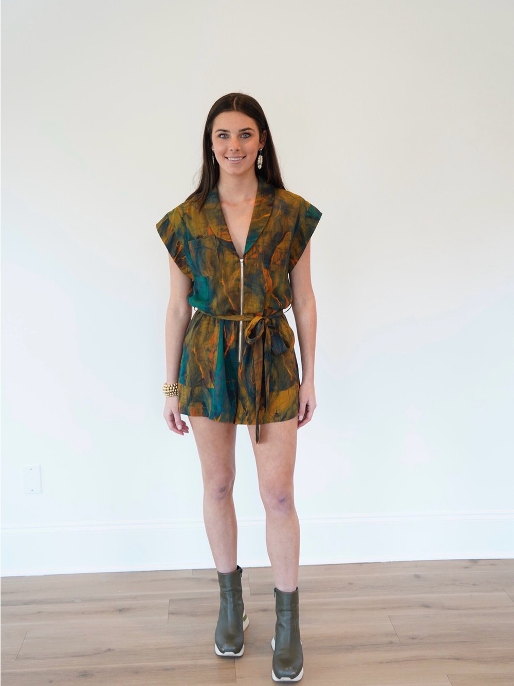 SHUG! “Delaney Romper Garden Multi” Short Sleeve Romper with Tie Waist